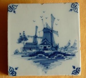 Alte Kachel Delft Windmühlen Boote mit Pressmarke Delfter Blau Fliese