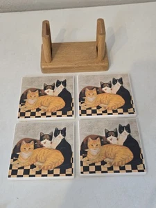 Cindy Sampson Folk Art Cat Trio Ceramic Coaster Set of 4‎ with Wooden Stand - Picture 1 of 7