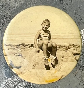 Vintage Real Photo Celluloid Pocket Mirror - Boy Sitting on Rock - c1940 - Picture 1 of 5