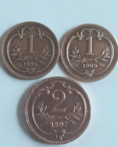 3 Münzen ÖSTERREICH 1 und 2 Heller 1909,1897,1895 In VZ - Bild 1 von 2