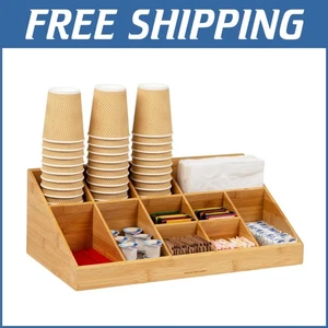Elegant 11-Compartment Bamboo Cup & Condiment Organizer for Busy Workspaces - Picture 1 of 9