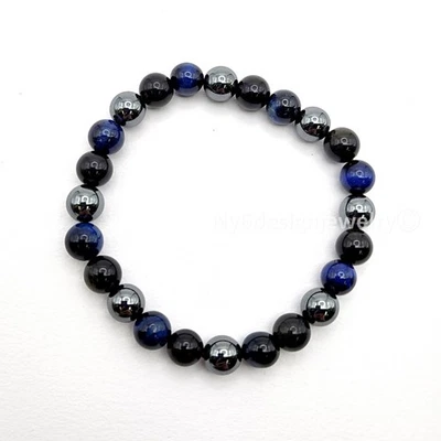 海军蓝虎眼,黑色黑曜石金属灰色赤铁矿串珠手链 7.5 — 第 1/4 张图片
