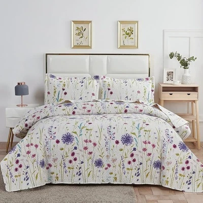 Floral Leaves Bedspread W/ Pillow Shams Lightweight Quilt All Seasons Travel Use - Image 1 of 4