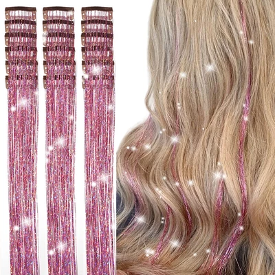 Hair Tinsel Clip in Pack of 18 Pcs 20 Inch Clip in Hair Tinsel Pink Glitter Tins - Image 1 of 4