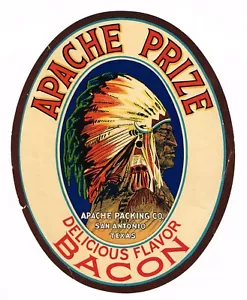 ORIGINAL VINTAGE 1938 TEXAS BACON TIN LABEL APACHE INDIANER SAN ANTONIO - Bild 1 von 1