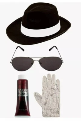 Michael Jackson Sombrero y Kit Guante Vestido Elegante Gángster Estrella Disfraz Conjunto De Lujo Foto 1 de 2