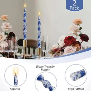 7" Blue & White Printed Taper Candles set of 2 Unscented Spiral Dinner Candles - Picture 1 of 3