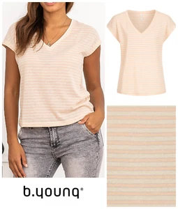 B.Young Top T-Shirt Tee Size UK 8 Byutina V Neck Lightweight Stripes - Peach - Picture 1 of 5