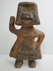14" Tall Reproduction Aztec Smiling Waving Female Shaman Effigy - Lizard Spirit - Picture 1 of 10