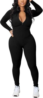 Macacão de manga comprida com nervuras sexy romper zíper pescoço falso bodycon peça única preto - Imagem 1 de 4