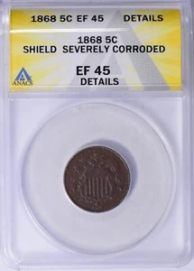 1868 Shield Nickel 5c ANACS EF 45 Details XF - Picture 1 of 3