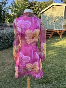 Vtg 60’s Fuchsia Pink Floral Organza Mini Dress Broadway Attached Scarf Sz S/M - Picture 1 of 19