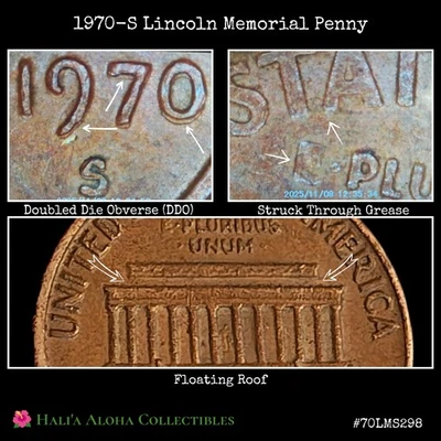 💠🪙💠1970 S Lincoln Cent ~ Doubled Die (DDO), Floating Roof, Struck Thru Grease - Image 1 of 4