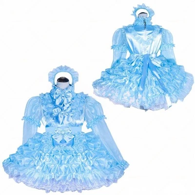 Vestido esponjoso satinado azul bloqueable Sissy para niña de criada disfraces hechos a medida Foto 1 de 4