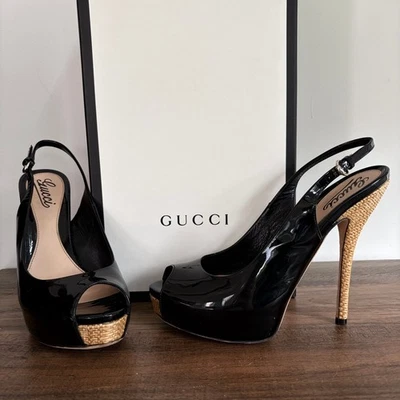 GUCCI Tacones Cordones de Charol Talla 8.5 / EU 38.5 Negro Punta abierta Caja Clásica Foto 1 de 4