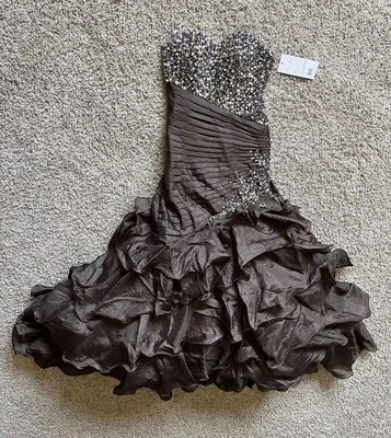 Prom Dress Beaded Silver Jewels Sparkle Ruffled Gown Brown Night Moves SZ 0 - Image 1 of 4