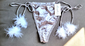 NWT Vintage Silver Tie String Bikini with Fur Tassels Size 7