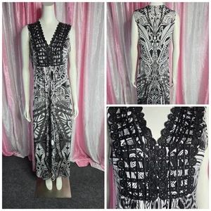 Apt 9 Boho Rhinestone Black White Embroidered Stretch Maxi Dress Size Medium - Picture 1 of 14