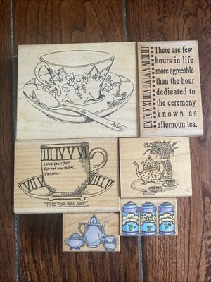 Lot Of 6 Tea Themed Wood Mounted Rubber Stamp Teacup &Saucer & Others Foto 1 de 2