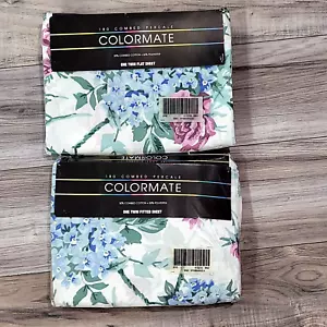 Vintage Sears COLORMATE Floral Hydrangea TWIN FITTED & FLAT Percale Sheet Set - Picture 1 of 6