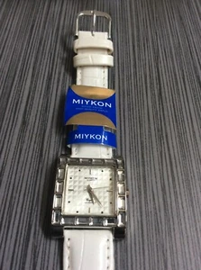 Miykon Women's Watch Crystal Silver Dial on White Leather Band New Waterproof! - Picture 1 of 2