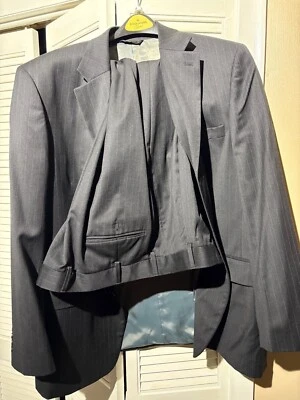 Andrew Fezza Mens Suit Black With Pinstripe Size 44R Pant 38x28 100% Wool - Image 1 of 4