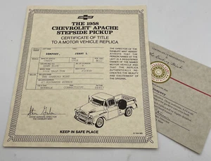 Danbury Mint 1958 Chevrolet Apache Stepside Pickup Title Paperwork Only Chevy - Picture 1 of 6