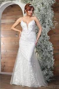 May Queen MQ2030B Sheer Bodice Ivory Bridal Embroidered Gown - Picture 1 of 2