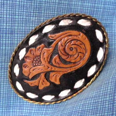 Western Desert Floral Belt Buckle Leather Inlay Nickel Silver Vtg 70s 80s.NOX185 - Image 1 of 4