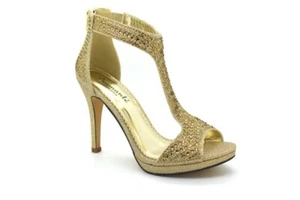Damenschuhe Plateau T-Steg Glitzer hoher Absatz Hochzeit Party Reißverschluss Sandale - Bild 1 von 6
