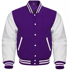 Letterman Baseball Bomber varsity Jacket Purple Wool & White Leather Sleeve - Picture 1 of 4
