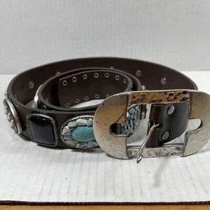 LEATHEROCK Silver buckle Mosaic BELT 34 Length 39.5 In. Cerrillos Turquoise - Picture 1 of 5