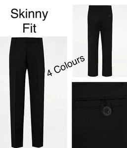 Boys Skinny Fit School Trousers Ge@rge Black Grey Navy Adjustable Waist Uniform - Picture 1 of 13