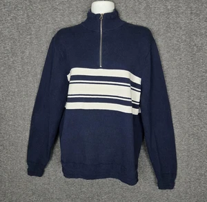 J Crew Sweater Womens Medium Striped Half Zip Pullover Organic Cotton Navy Blue - Picture 1 of 9