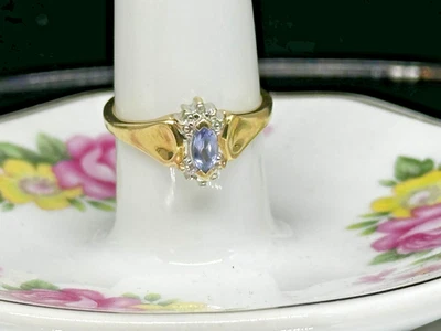 Anel vintage de ouro 10K 0,30 quilates marquesa natural tanzanita e diamante tamanho 6 - Imagem 1 de 4