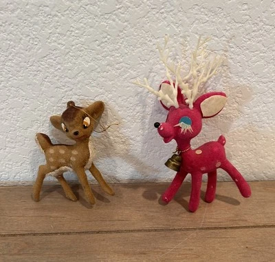 Винтажные пластиковые рождественские флокированные украшения из бамби и ярко-розового оленя редкие - Изображение 1 из 4