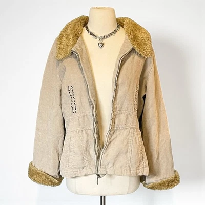 Vintage Mudd Beige Fur Trim Jacket Corduroy Sherpa Collar Tan Hippie Boho 90s XL - Image 1 of 4