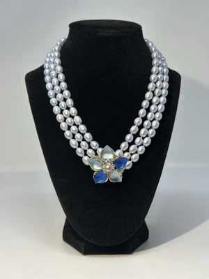 "Collar grueso de perlas cultivadas genuinas 8-10 mm colgante de flor azul 17""" Foto 1 de 4