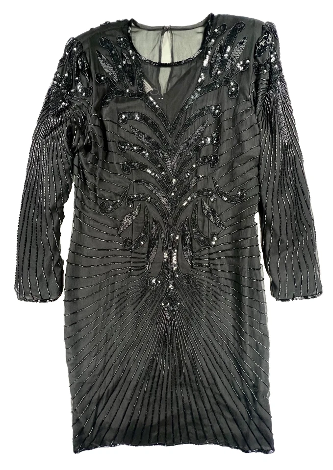 Новый с Ярлыками винтажный Stenay черный блестками бисером длинным рукавом платье (размер 14) - 100% шелк - Изображение 1 из 4