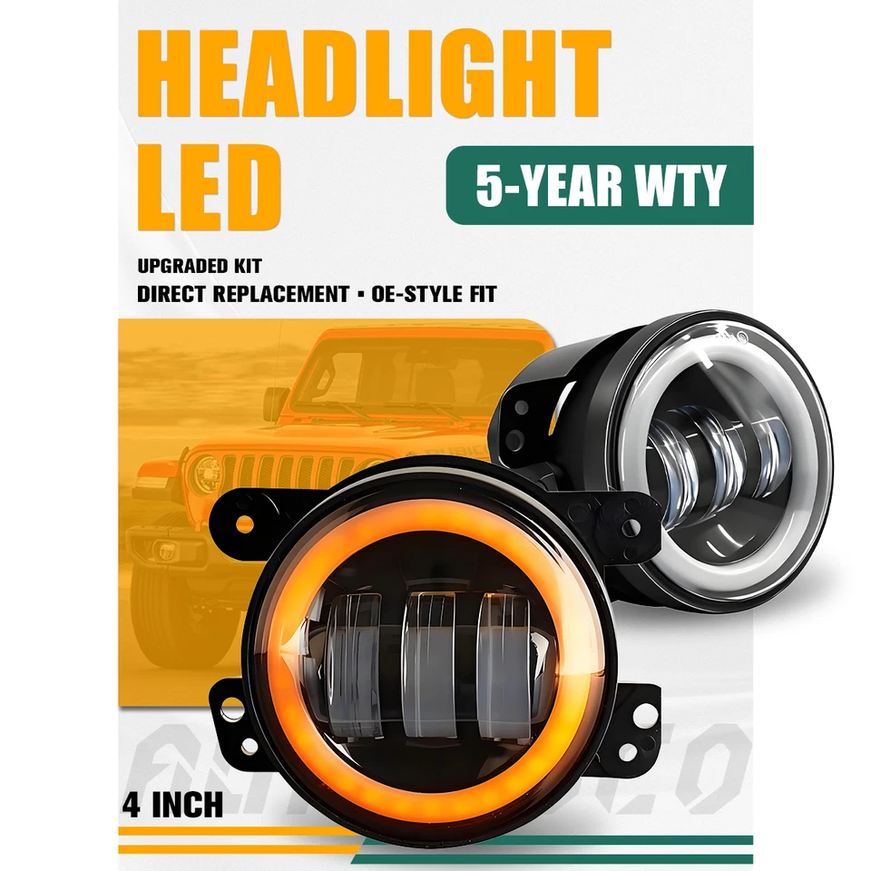Pair 4" Inch Round LED Fog Lights Halo Driving Lamps for Jeep Wrangler JK TJ LJ — 第 1/4 张图片