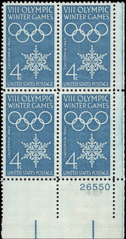US Scott # 1146, 1960 VIII Winter Olympic Games, Plate Block of 4 4¢ Stamps, MNH - Image 1 of 1