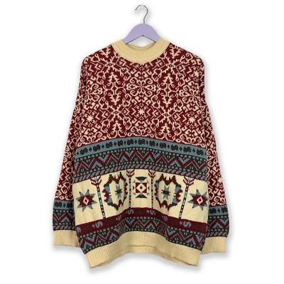 Maglione Vintage 88% lana a fantasia rossa e beige a girocollo - Taglia XL uomo - Immagine 1 di 4