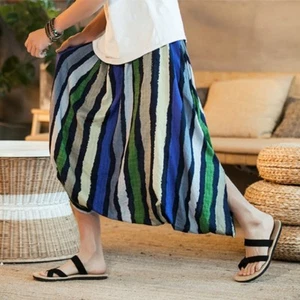 Men Cotton Striped Nepal Harem Pants Loose Trousers Casual Drop Crotch Cropped - Picture 1 of 8