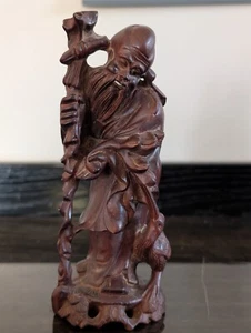 Asian Vintage Carved Root Wood Statue, Old Man with Staff and Bird - Picture 1 of 12