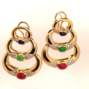 FINE Retro Cabochon Sapphire Ruby Emerald Diamond 14K Yellow Gold Drop Earrings - Picture 1 of 7