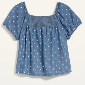 Top Chambray Old Navy donna XXL smocked giogo ricamato floreale denim boho - Foto 1 di 8