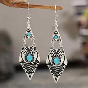 Carved Geometric Shape Turquoise Silvery Dangle Earrings Retro Bohemian Boho New - Picture 1 of 5