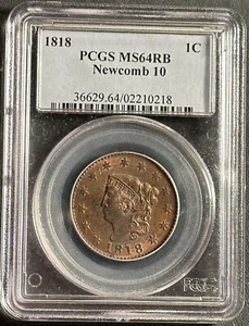 1818 CORONET ONE CENT PCGS MS64RB  N-10🇺🇸Super Lustrous🎖️Rare High Grade - Picture 1 of 5
