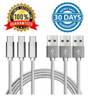 3x Nylon Braided Silver USB Type-C 3.1 Data Sync Charger Fast 3ft Charging Cable - Image 1 of 4