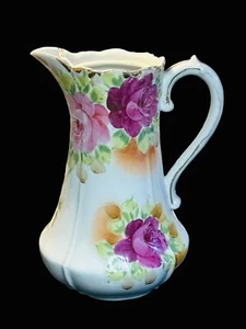 Nippon Hand Painted Porcelain Pitcher White Pink Roses Coffee Pot Gold Vintage. - Picture 1 of 7